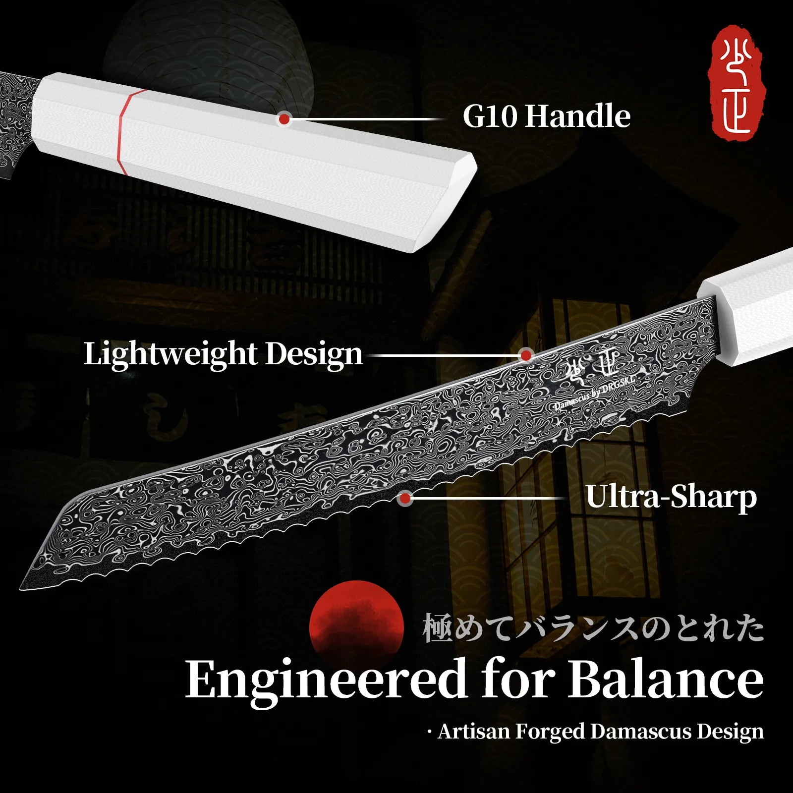 Image of DRGSKL Damascus Serrated Bread Knife – Japanese VG10 Steel, G10 Handle, 13-Inch