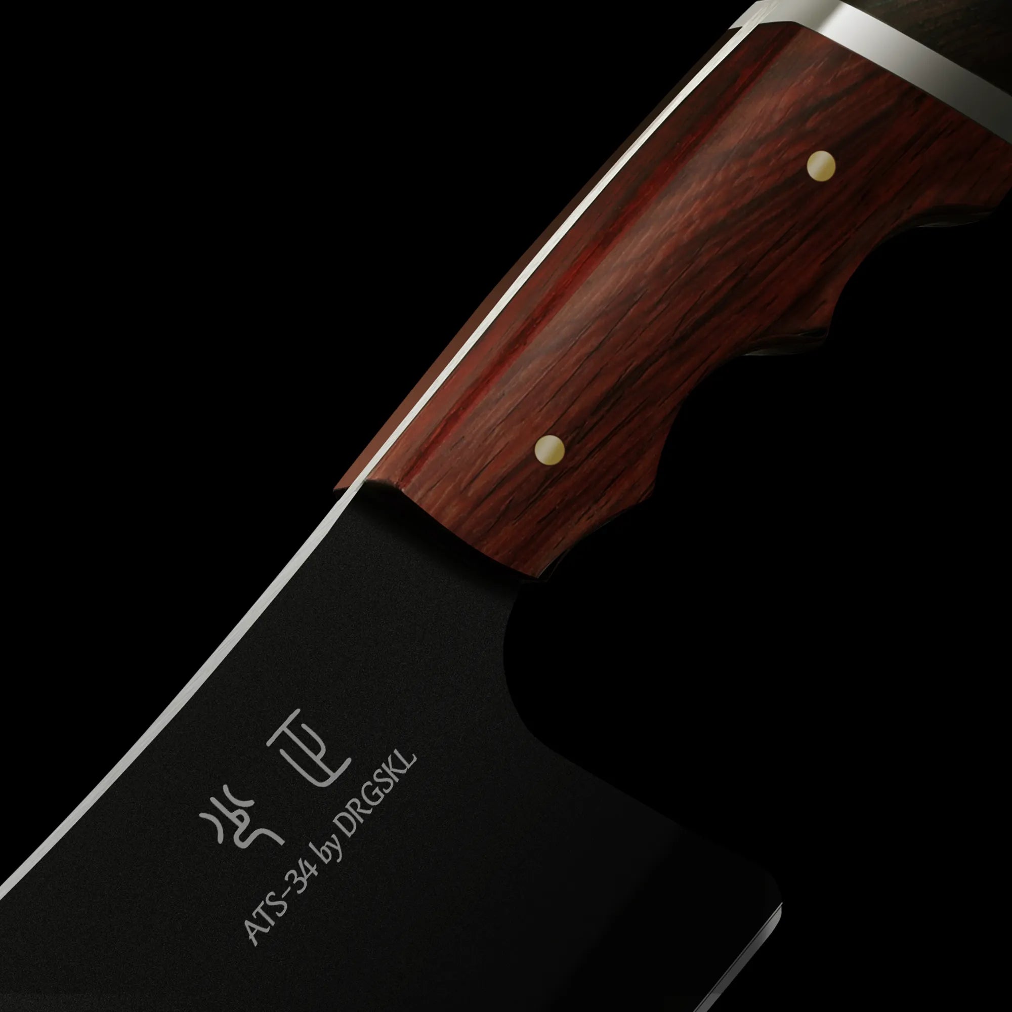 Image of DRGSKL cleaver displayed on a dark wood board